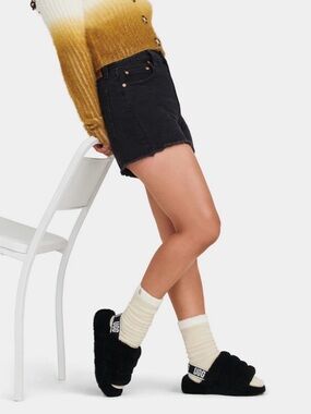 UGG Sz 10 Fluff Yeah Black Shearling Slip-On Slipper Sandals with Logo Strap